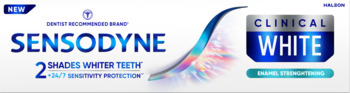 Nowa pasta do zębów Sensodyne Clinical White do wybielania o 2 odcienie i ochrony szkliwa, przód.