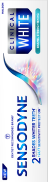 Nowa pasta do zębów Sensodyne Clinical White do wybielania o 2 odcienie i ochrony szkliwa, przód.