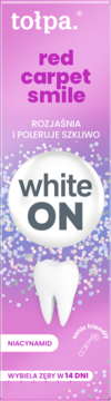 Tołpa Red Carpet Smile, wybielająca pasta do zębów w fioletowo-różowej tubce, napis white ON, widok z przodu.