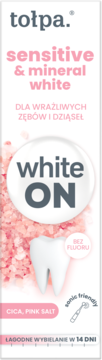 tołpa. Sensitive & Mineral White pasta do zębów, biała tubka, różowy tekst, bez fluoru.