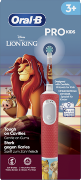 Szczoteczka elektryczna Oral-B Pro Kids Lion King 3+, czerwona z grafikami Simby, widok z przodu w opakowaniu.