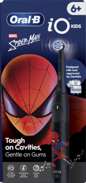 Oral-B iO Kids Spider-Man, czarna szczoteczka elektryczna na granatowym pudełku, dla 6+, Tough on Cavities.