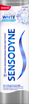 Pasta Sensodyne Advanced White, biało-srebrna tubka, widok z przodu. Wybielająca z ochroną szkliwa.