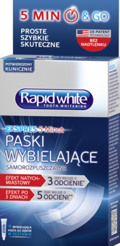 Niebieskie pudełko Rapid White paski wybielające 5 MIN & GO, bez nadtlenku, z przodu, efekt bielszych zębów do 5 odcieni.