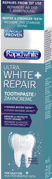 pasta do zębów Rapid White Ultra White + Repair w turkusowym pudełku, wybiela zęby o 4 odcienie.