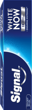 Ciemnoniebieskie opakowanie pasty Signal White Now 3x Instant Whitening, z napisem 'CLINICALLY PROVEN'.