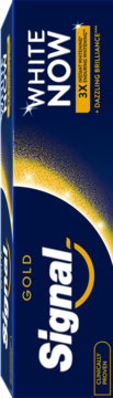 Biała pasta Signal White Now Gold, pionowe opakowanie w kolorze granatowym ze złotymi iskierkami.