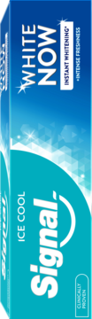 Pionowe opakowanie pasty Signal White Now Ice Cool, niebiesko-turkusowe, z efektem natychmiastowego wybielenia.