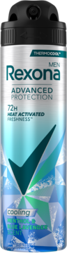 Rexona Men Advanced Protection 72H Thermocool dezodorant, srebrno-niebieski spray z mentolem i lawendą, widok z przodu.