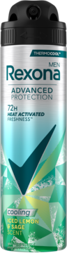 Srebrny dezodorant Rexona Men Advanced Protection 72H, Thermocool, zapach Iced Lemon & Sage. Widok z przodu.