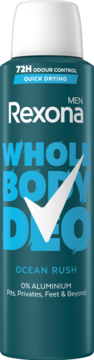 Morski dezodorant Rexona Men Whole Body Deo Ocean Rush 72H, 0% Aluminium, widok z przodu, biały haczyk.