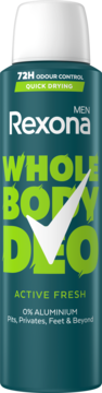 Rexona Men Whole Body Deo Active Fresh, 0% aluminium, dark teal spray can with white cap, front view.
