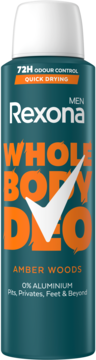Rexona Men Whole Body Deo Amber Woods, męski dezodorant w ciemnozielonym sprayu 72H, 0% aluminium.