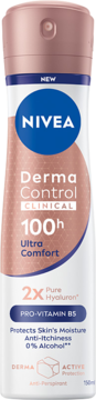 Nivea Derma Control Ultra Comfort antyperspirant spray, biało-różowy, 100h, Hyaluron, Pro-Vitamin B5, widok z przodu.