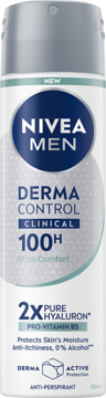 Nivea Men Derma Control Clinical 100H antyperspirant z hialuronem, w srebrnej butelce, widok z przodu.