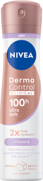 Biały antyperspirant NIVEA Derma Control Clinical z 2X hialuronem i witaminą E, butelka z różowym korkiem, widok frontalny.