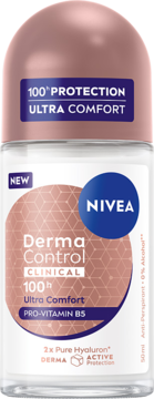 Antyperspirant Nivea Derma Control Clinical Ultra Comfort roll-on, przezroczysta butelka, różowo-złota nakrętka, widok z przodu.