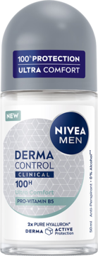 NIVEA MEN Derma Control Clinical 100H antyperspirant roll-on, z Pro-Vitamin B5 i Hyaluron, widok z przodu.