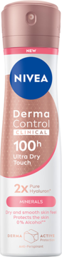 Różowo-biały antyperspirant NIVEA Derma Control Clinical Ultra Dry Touch 100h w sprayu z kwasem hialuronowym, widok z przodu.