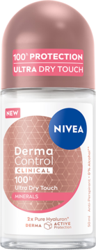 Nivea Derma Control Clinical roll-on antiperspirant, 100h Ultra Dry Touch, clear bottle, rose gold cap, front view.