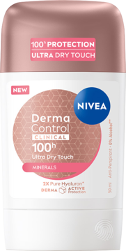 Antyperspirant NIVEA Derma Control Ultra Dry Touch w białym sztyfcie z różowo-złotym wieczkiem, widok z przodu.