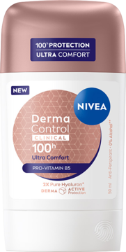 NIVEA Derma Control 100h Ultra Comfort antyperspirant w białym sztyfcie z różowo-złotą nakrętką, widok z przodu.