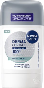 Antyperspirant NIVEA MEN Derma Control Clinical 100H stick, biało-szary, z Pro-Vitamin B5, widok z przodu.