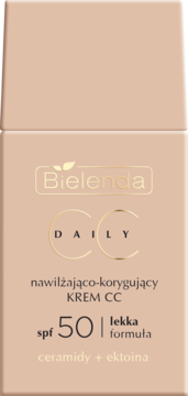 Beżowy krem CC Bielenda Daily, nawilżająco-korygujący z SPF 50, ceramidy+ektoina, widok z przodu.