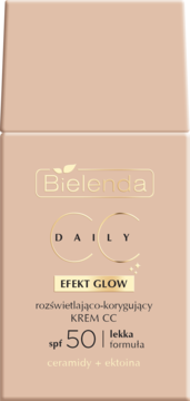 Bielenda Daily CC Glow SPF 50, rozświetlający krem korygujący w beżowej butelce, widok z przodu.