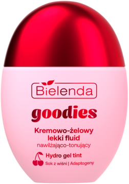 Bielenda goodies Hydro gel tint, nawilżająco-tonujący lekki fluid w różowej butelce z czerwoną nakrętką, widok z przodu.