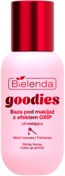 Różowa baza pod makijaż Bielenda goodies z efektem GRIP, miodem manuka. Butelka z czerwoną nakrętką, widok z przodu.