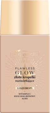 Bielenda Flawless Glow Gold Drops, rozświetlające kropelki z witaminą C, w beżowej butelce, widok z przodu.