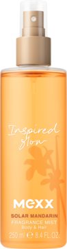MEXX Solar Mandarin Body & Hair Fragrance Mist 250ml w pomarańczowej butelce z beżowym atomizerem, widok z przodu.