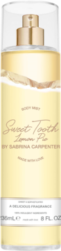 Sweet Tooth Lemon Pie body mist by Sabrina Carpenter, clear bottle, gold cap, yellow liquid with pie crust design, front view.