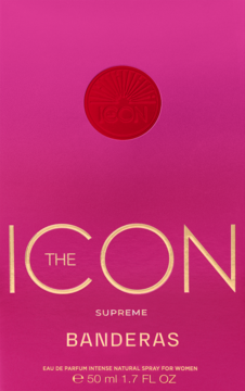 Różowe pudełko perfum BANDERAS THE ICON SUPREME 50ml, dla kobiet, ze złotym napisem i czerwonym logo.