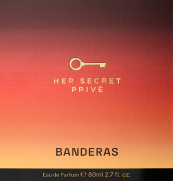 Opakowanie perfum Banderas Her Secret Privé 80ml. Pudełko z gradientem bordo-złotym i złotym kluczem, widok z przodu.