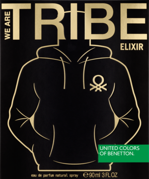 Perfumy Benetton Tribe Elixir, czarno-złote opakowanie z grafiką bluzy z kapturem, widok z przodu.