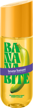 Bruno Banani Banana Bite mgiełka do ciała i włosów, żółta butelka z zielonym bananem i napisami, widok z przodu.