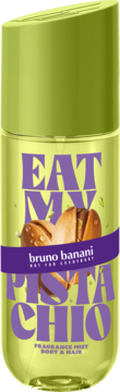 Bruno Banani Eat My Pistachio Body & Hair Mist, lime green bottle, front view, purple text, pistachio graphic.