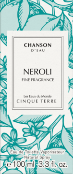 Chanson D'Eau Neroli Eau de Toilette 100ml, front view of box with white label and teal floral pattern.
