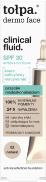 Fluid Tołpa Clinical SPF 30 z kwasem salicylowym, niacynamidem, w butelce z dropperem, widok z przodu.
