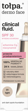 Tołpa dermo face clinical fluid SPF 30 light. Podkład przeciw przebarwieniom. Białe opakowanie, widok przód.