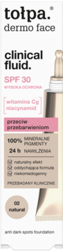 tołpa dermo face clinical fluid SPF 30, podkład na przebarwienia odcień 02 natural, białe opakowanie z butelką.