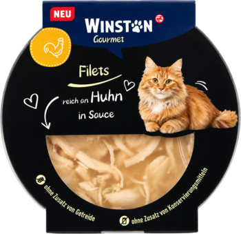 Winston Gourmet karma dla kota, filety z kurczaka w sosie, czarna miseczka z kotem. Nowa, bez zbóż. Widok z przodu.