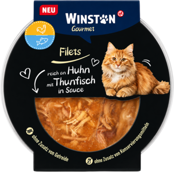 Winston Gourmet Filets dla kota, kurczak i tuńczyk w sosie, w czarnym okrągłym opakowaniu, widok z góry z ilustracją kota.