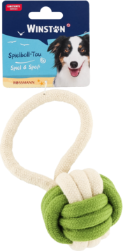 Winston Piłka-sznurek dla psa: beżowo-zielona, pleciona, z uchwytem, na niebieskim opakowaniu z wizerunkiem psa.