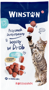 Biała saszetka Winston Przysmak Dentystyczny dla kota, z grafiką kota łapiącego czerwone granulki, widok z przodu.