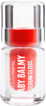 Czerwony błyszczyk-serum do ust Pastel Baby Balmy Serum Gloss w przezroczystej tubce, widok z przodu.