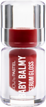 Czerwony błyszczyk-serum Pastel Baby Balmy Serum Gloss w przezroczystej butelce z srebrną nakrętką, widok z przodu.