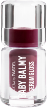 Pastel Baby Balmy Serum Gloss 38 Love Bombing, przezroczysta butelka z ciemnoczerwoną zawartością, srebrna nakrętka, widok z przodu.